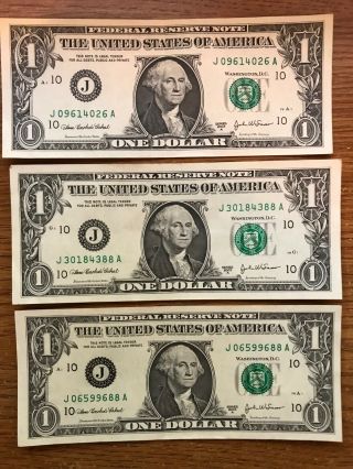 2003a $1 Notes - 10 J - Kansas City - Set Of 3 - Circulated