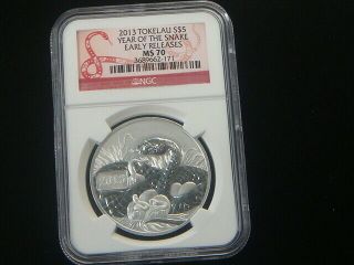 2013 Tokelau Year Of The Snake Early Releases $5 1oz.  999 Silver Coin Ngc Ms70