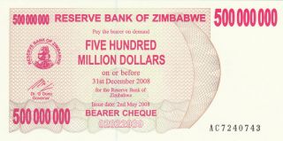 500 Million Dollars Unc Banknote From Zimbabwe 2008 Pick - 60