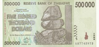 500 000 Dollars Unc Banknote From Zimbabwe 2008 Pick - 76