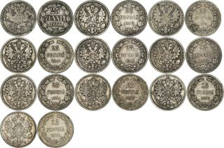 Finland 10 Different Silver 25 Penniä 1866 - 1899