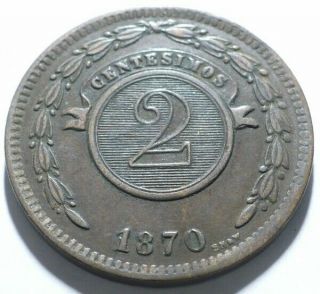 V.  Rare Grade & 1870 Republic Of Paraguay 2 Centesimos Xf Grade Copper Coin