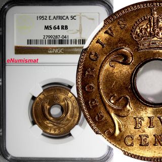 East Africa George Vi Bronze 1952 5 Cents Ngc Ms64 Rb Red Bu Km 33