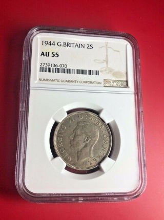 Great Britain George Vi Silver 1944 Florin 2 Shillings Ngc Au55
