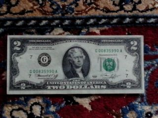 1976 $2 TWO DOLLAR BILL,  CRISP,  SLIGHTLY CIRCULATED,  LOW NUMBER.  CHICAGO - ISSUED 3