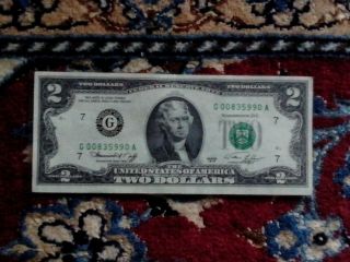 1976 $2 TWO DOLLAR BILL,  CRISP,  SLIGHTLY CIRCULATED,  LOW NUMBER.  CHICAGO - ISSUED 5