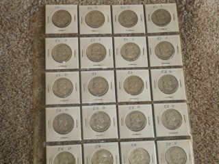 20 Franklin Half Dollars 90 Silver 1951,  52,  53,  54.  All Dates Very Visible