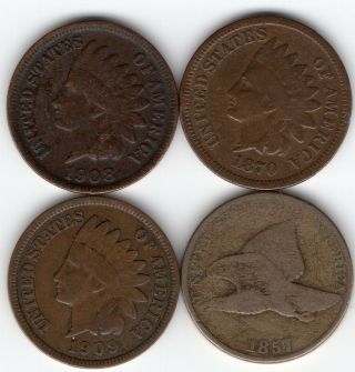 1908 - S 1870 1909 1857 Flying Eagle / Indian Head Cent Total Of 4 Pennies
