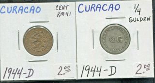 CuraÇao - Two Historical 1944 D Coins,  Cent & Silver 1/4 Gulden