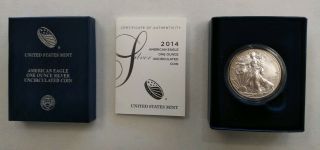 2014 - W American Silver Eagle 1oz Uncirculated $1 Coin W/ U.  S.  &