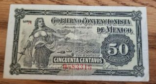 1915 Gobierno Convencionista De Mexico 50 Cincuenta Centavos Series A Sn 0583316