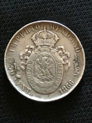 Mexico Silver 1866 Mo 50 Centavos/cent Silver Coin Empire Of Maximiliano Vf/xf
