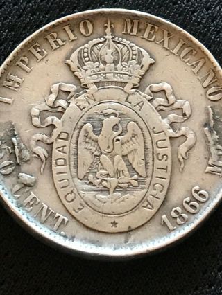 Mexico Silver 1866 Mo 50 Centavos/Cent Silver Coin Empire of Maximiliano VF/XF 3