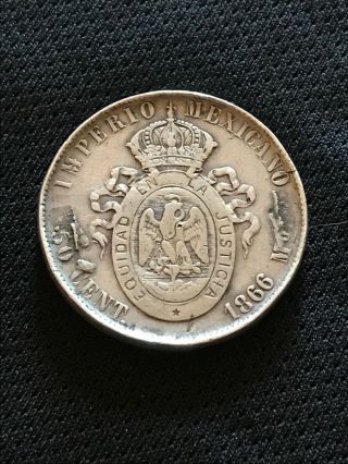Mexico Silver 1866 Mo 50 Centavos/Cent Silver Coin Empire of Maximiliano VF/XF 5