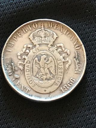 Mexico Silver 1866 Mo 50 Centavos/Cent Silver Coin Empire of Maximiliano VF/XF 8