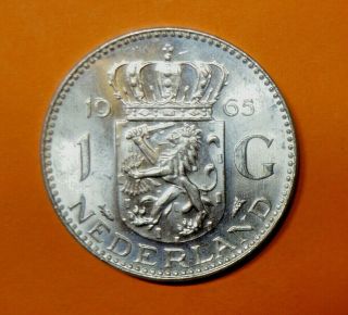 Netherlands One Gulden 1965.  Unc.  0.  720 Silver