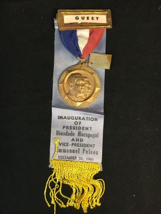 1961 Philippines Republic Inauguration Medal Ribbon Coin Pres Macapagal & Pelaez