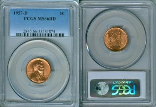 1957 - D Lincoln Wheat 1 Penny Pcgs Ms66rd Bu Uncirculated Coin In