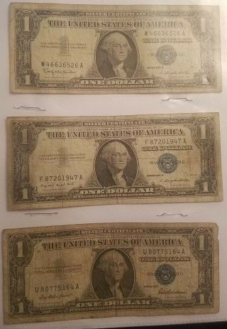 Set Of Three Us $1 Silver Certificate Bills - 1957,  1957 A,  And 1957 B