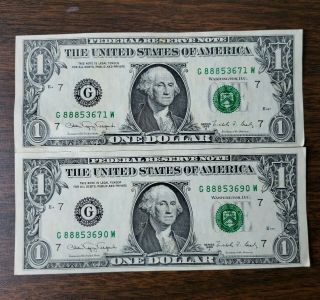 2x Series 1988 A Us Dollar Bill $1 (g88853690w And G8853671w) Good Cond.