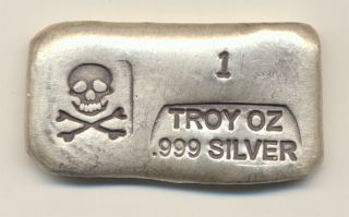 Pg&g Hand Poured Silver Skull & Crossbones Bar 1 Troy Ounce.  999 Fine Silver