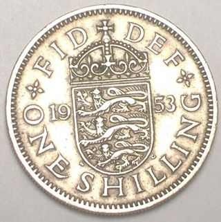 1953 Uk Britain British One 1 Shilling Lions Shield Coin Vf