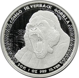 2015 Congo Silverback Gorilla 5000 Francs Cfa 1 Oz 999 Fine Silver Round