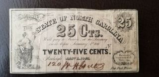 Civil War Confederate 1863 - 25 Cents Note Raleigh North Carolina Paper Money