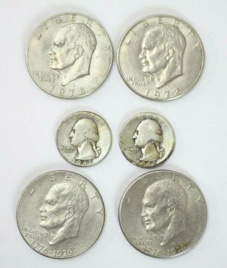 (2) 1942 - D Washington Silver Quarter Us Coins,  (4) Eisenhower Dollar Coins