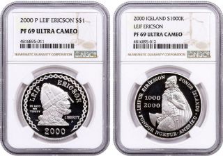 2000 Leif Erickson 2 Pc Set Ngc Pf69 Proof Commemorative Silver Dollar Coins