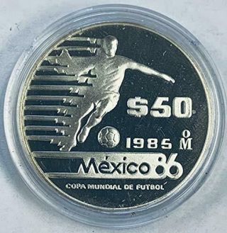 1985 Mexico 50 Pesos 1986 World Cup Soccer Games Proof - Silver