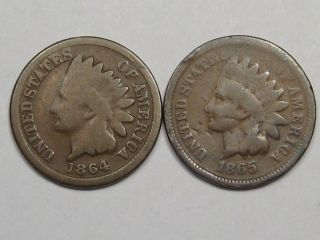 2 Civil War Era Us Indian Head Pennies: 1864 & 1865.  89