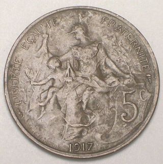 1917 France French 5 Centimes Republic Wwi Era Coin F,