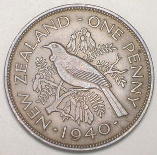 1940 Zealand One 1 Penny Tui Bird Wwii Era Coin Xf