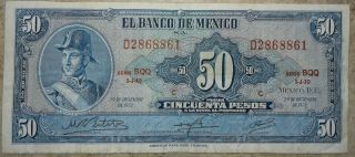 Mexico Cincuenta (50) Pesos Banco De Mexico D.  F.  29 Dec 1972 Ser.  D2868861