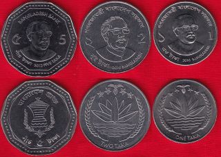 Bangladesh Set Of 3 Coins: 1 - 5 Taka 2010 - 2012 Unc
