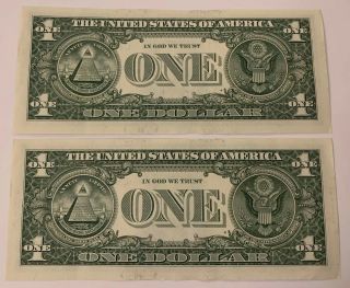 (2) UNC 2017 $1 Dollar Notes With Consecutive Serial ’s 4