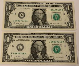 (2) UNC 2017 $1 Dollar Notes With Consecutive Serial ’s 5