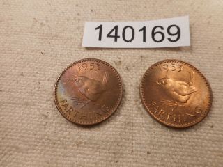 Two 1953 Great Britain Farthings Collector Grade Album Coins - 140169 Red/Br 2