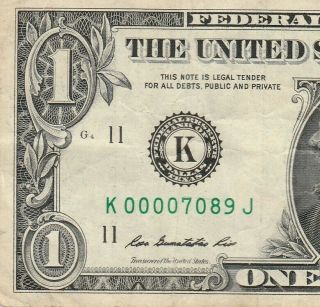 Low Serial Number Five 0’s K 0000 7 0 89 J - Series 2009 Dollar Note $1 Bill