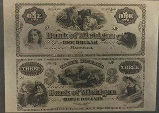 1800’s Bank Of Michigan $1 Dollar & $3 Dollar “photo Negative Slide”
