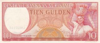 Ef 1963 Suriname 10 Gulden Note,  Pick 121