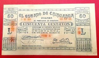 1914 Mexico Revolutionary 50 Centavos Banknote Estado De Chihuahua Issue