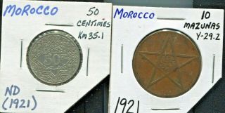 Morocco - Two Great Historical Yusuf 1921 Coins,  10 Mazunas & 50 Centimes