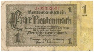 1937 1 Rentenmark Germany Vintage Paper Money Banknote Nazi 3rd Reich Currency