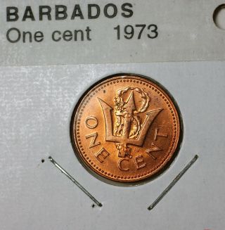 1973 Barbados One Cent Trident Brilliant Uncirculated Bronze Coin