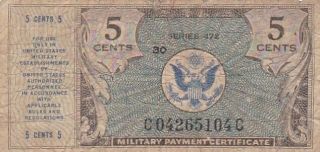 1948 Usa Series 472 5 Cents Military Payment Certificate,  Pick M15