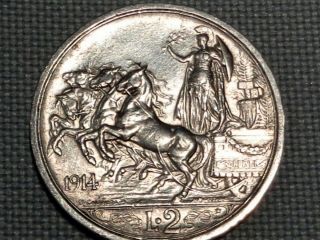 Italy Kingdom Silver 1914 2 Lire Vittorio Emanuele Iii Horses Roman Quadriga Wwi