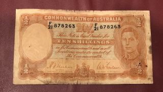 Commonwealth Of Australia 10 Shillings Bank Note Rate King George
