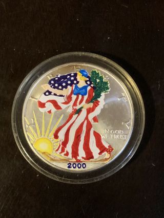 (1) 2000 American Eagle Painted Walking Liberty 1 Oz Fine Silver Dollar W/ Case